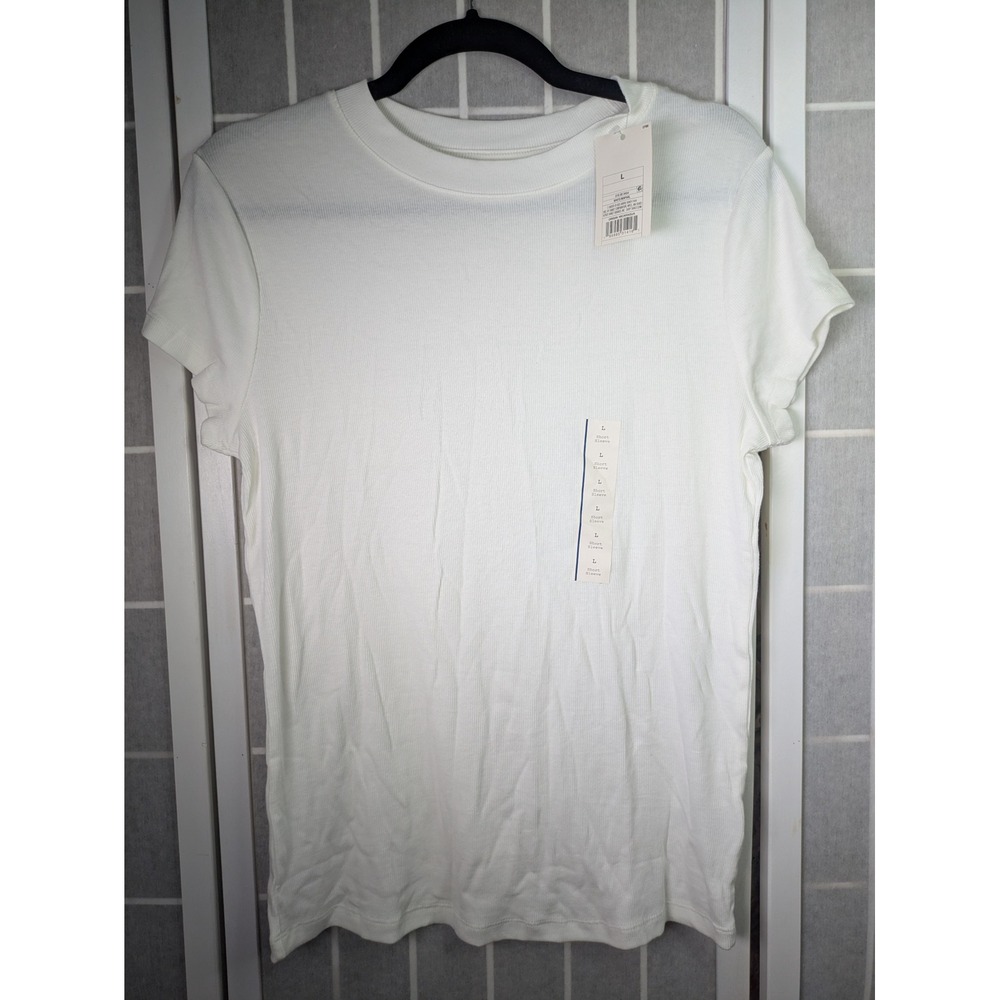 A New Day Womens White Ribbed Short Sleeve Crew Neck T-Shirt Large NWT Capsule